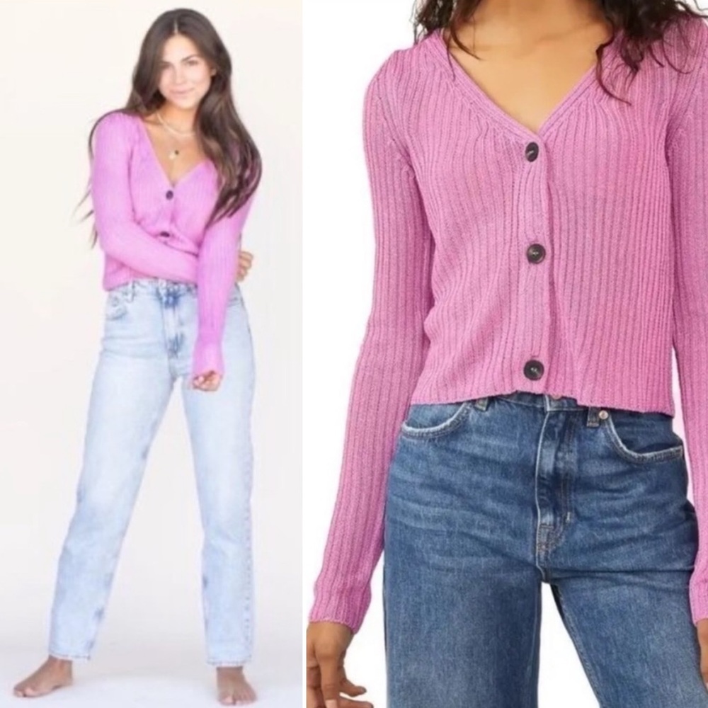 BOGO! NEW Free People Game On Cardi Ribbed Knit Crop Pink Size Medium